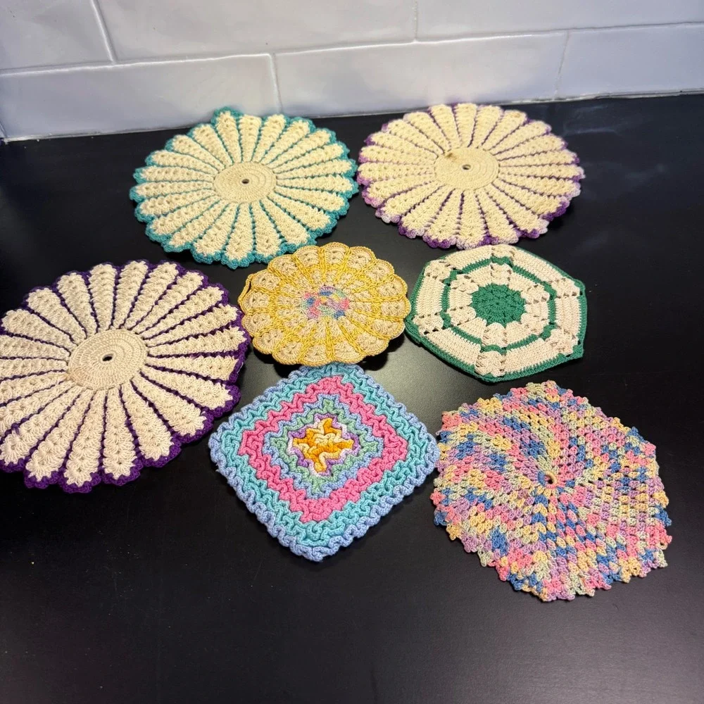 Handmade Crochet Pot Holders Trivets Set of 7 Multicolor Vintage Cottagecore